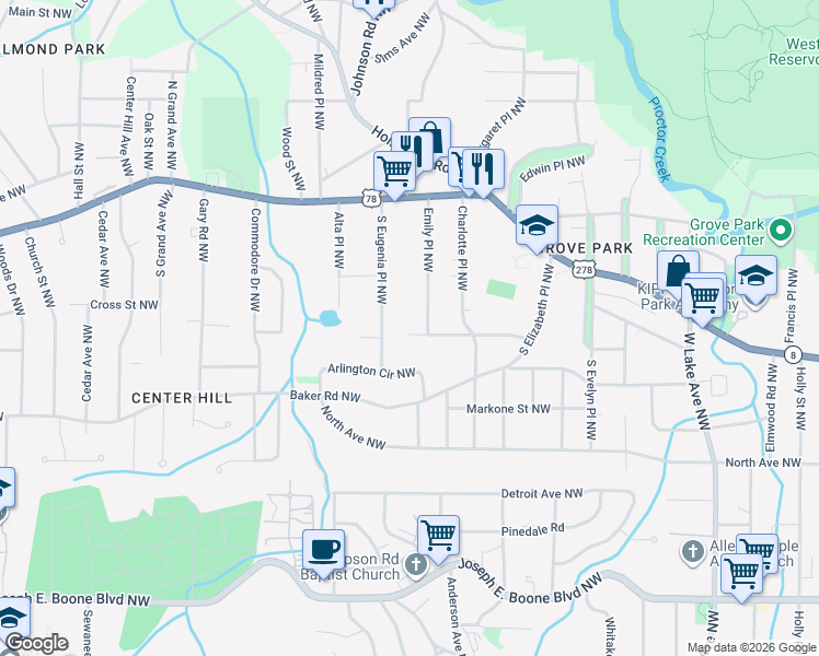 map of restaurants, bars, coffee shops, grocery stores, and more near 1975 Maywood Place Northwest in Atlanta