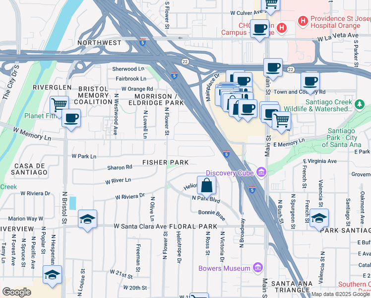 map of restaurants, bars, coffee shops, grocery stores, and more near 706 West Jonquil Road in Santa Ana