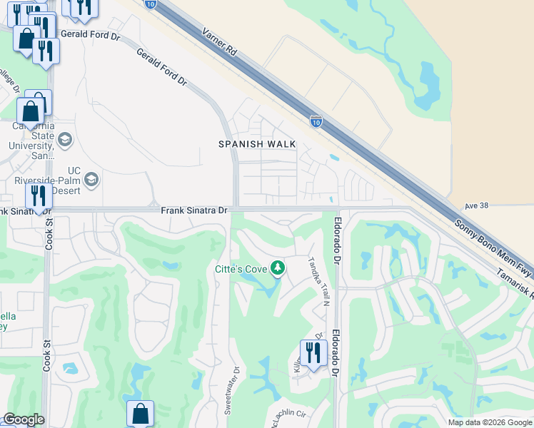 map of restaurants, bars, coffee shops, grocery stores, and more near 75720 Heritage West in Palm Desert