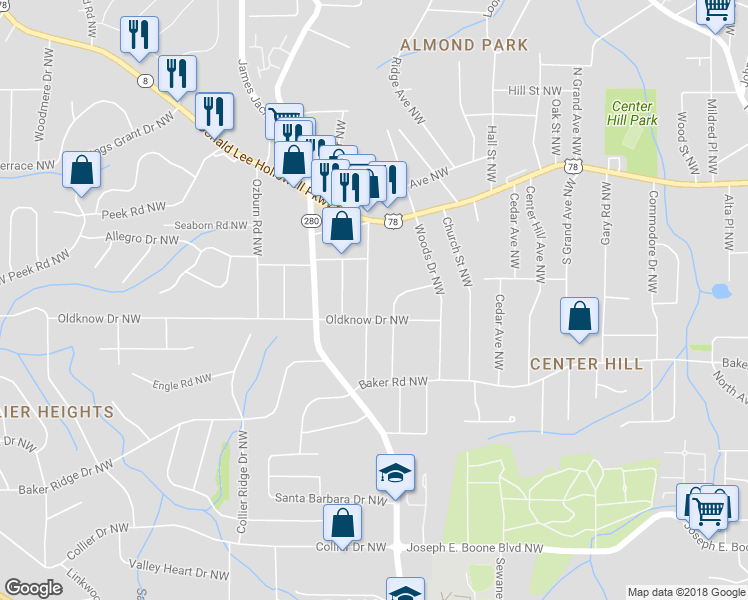 map of restaurants, bars, coffee shops, grocery stores, and more near 631 Commercial Avenue Northwest in Atlanta