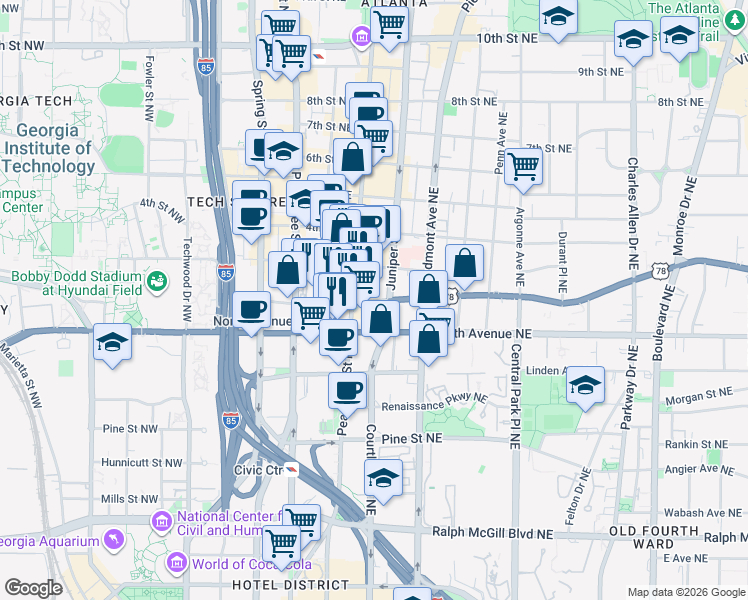 map of restaurants, bars, coffee shops, grocery stores, and more near 84 Ponce De Leon Avenue Northeast in Atlanta