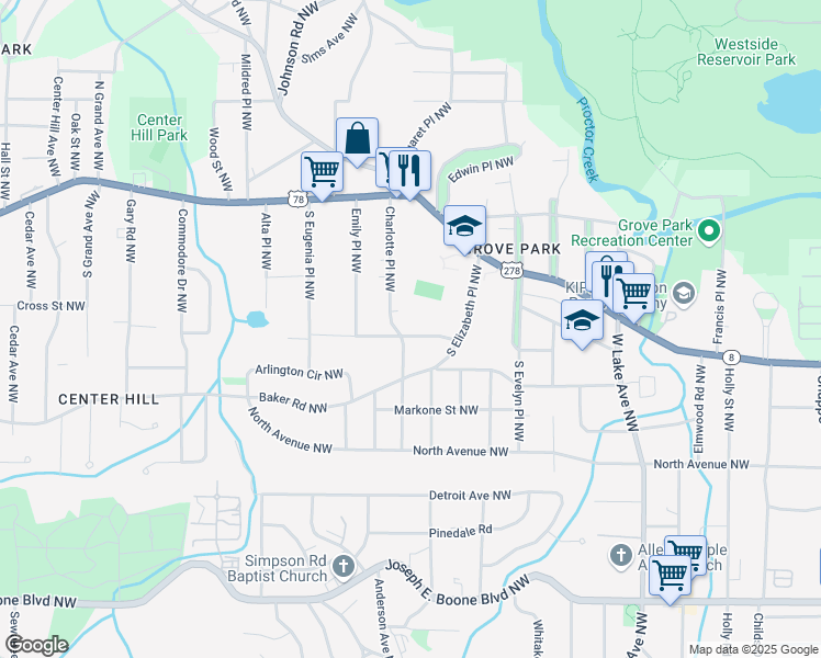 map of restaurants, bars, coffee shops, grocery stores, and more near 1925 Maywood Place Northwest in Atlanta