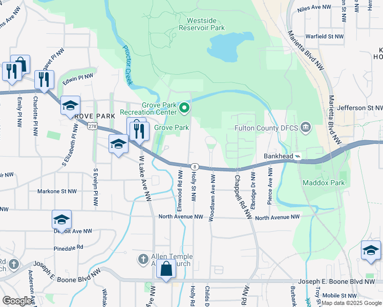 map of restaurants, bars, coffee shops, grocery stores, and more near 647 Francis Place Northwest in Atlanta
