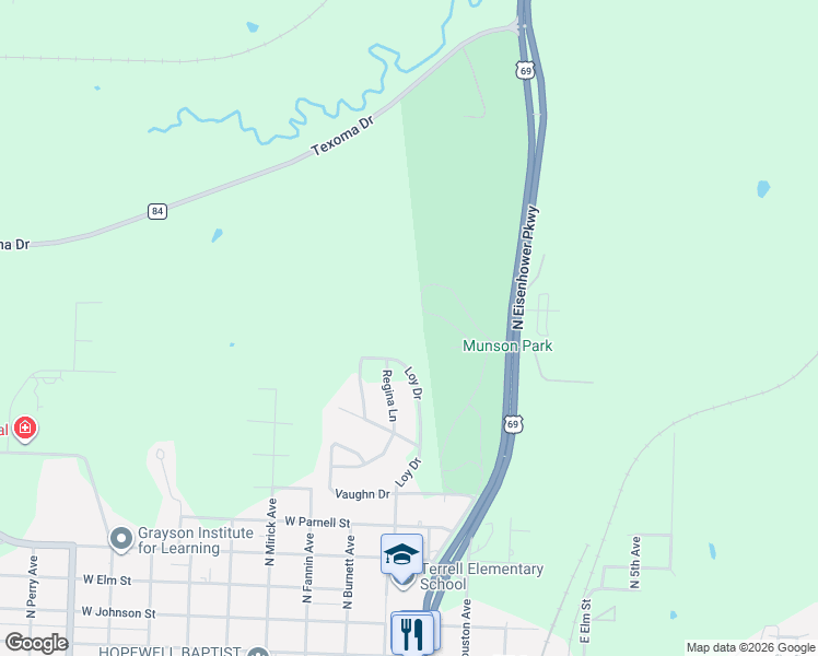 map of restaurants, bars, coffee shops, grocery stores, and more near 310 Ball Park Loop in Denison