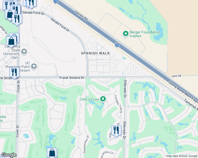 map of restaurants, bars, coffee shops, grocery stores, and more near 75720 West Heritage in Palm Desert