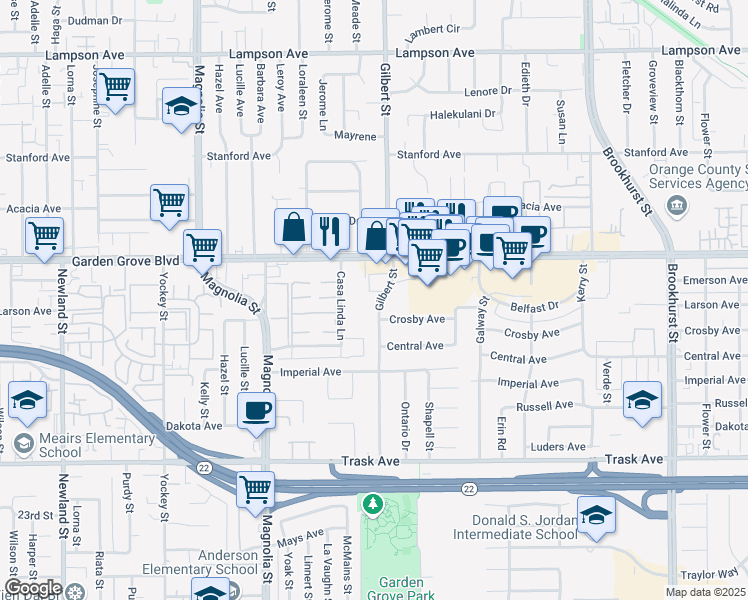 map of restaurants, bars, coffee shops, grocery stores, and more near 13091 Gilbert Street in Garden Grove