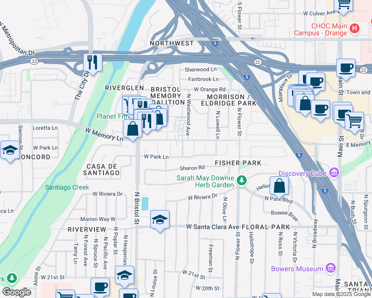 map of restaurants, bars, coffee shops, grocery stores, and more near 2611 North Westwood Avenue in Santa Ana