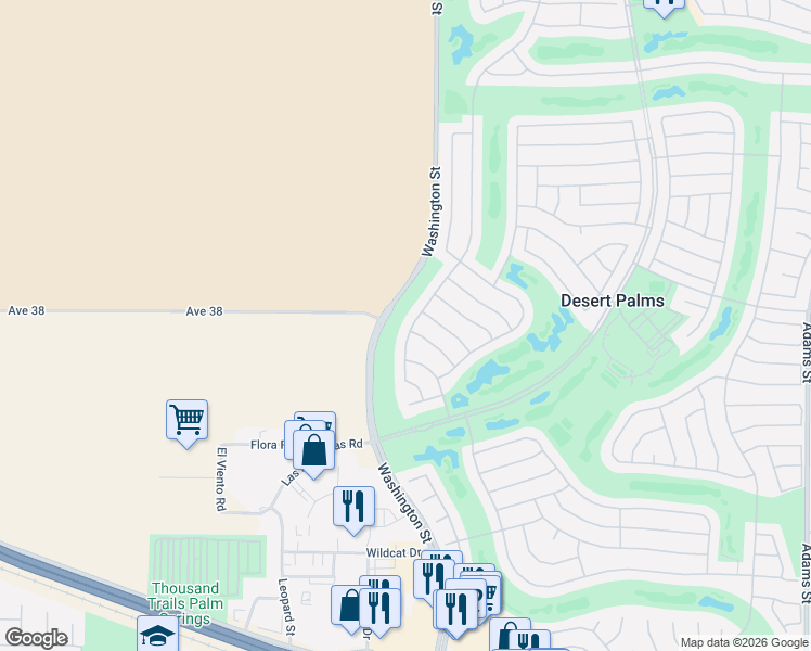 map of restaurants, bars, coffee shops, grocery stores, and more near 38129 Grand Oaks Avenue in Palm Desert