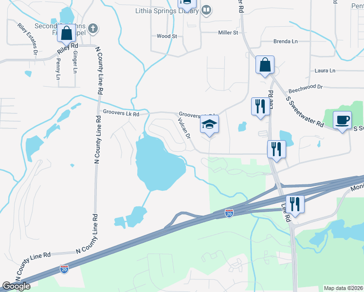 map of restaurants, bars, coffee shops, grocery stores, and more near 1225 Andrews Drive in Lithia Springs