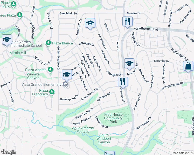map of restaurants, bars, coffee shops, grocery stores, and more near 28822 Rothrock Drive in Rancho Palos Verdes