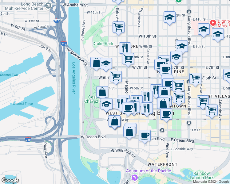 map of restaurants, bars, coffee shops, grocery stores, and more near 435 Daisy Avenue in Long Beach