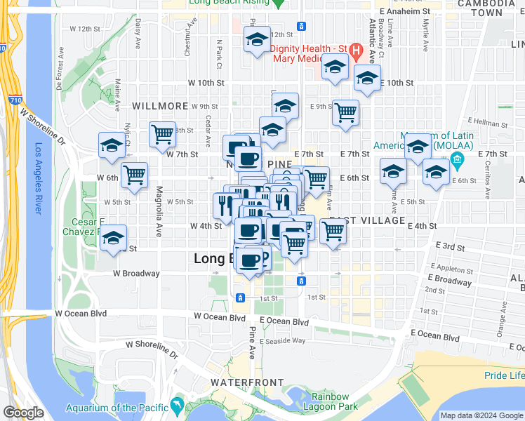 map of restaurants, bars, coffee shops, grocery stores, and more near 21 East 4th Street in Long Beach