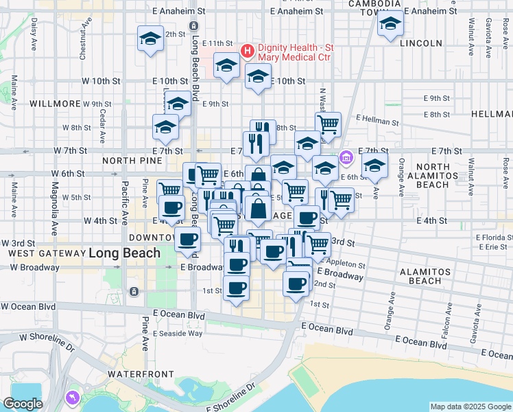 map of restaurants, bars, coffee shops, grocery stores, and more near 433 Atlantic Avenue in Long Beach