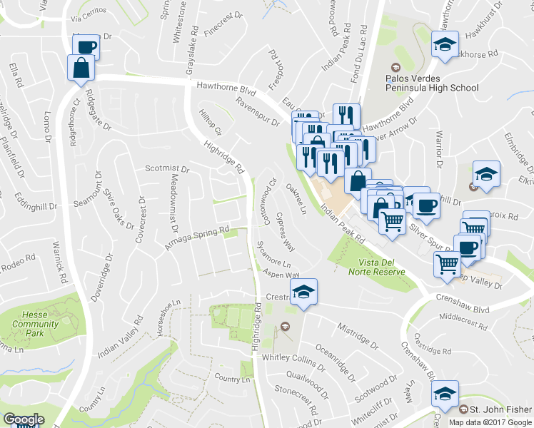 map of restaurants, bars, coffee shops, grocery stores, and more near 106 Cottonwood Circle in Rolling Hills Estates