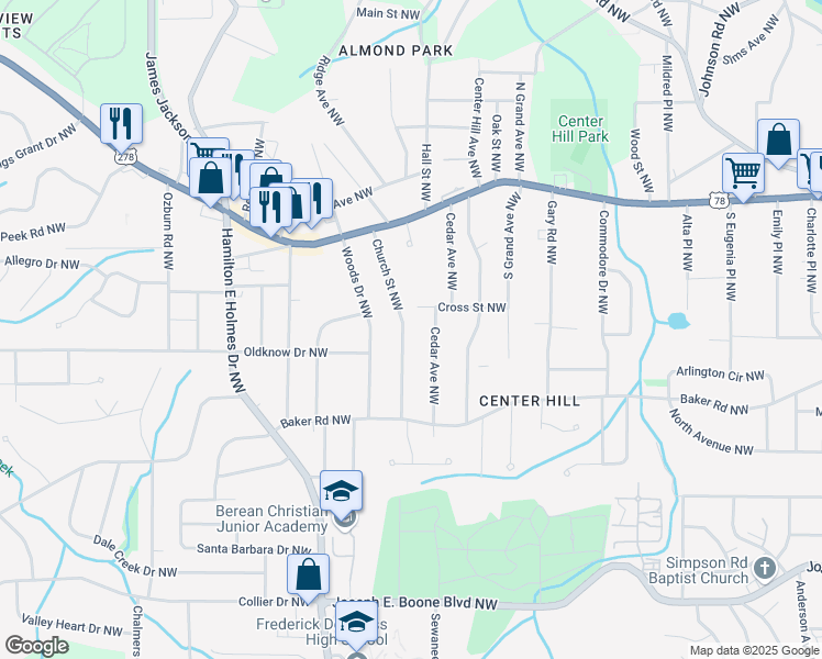 map of restaurants, bars, coffee shops, grocery stores, and more near 637 Church Street Northwest in Atlanta