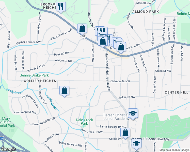 map of restaurants, bars, coffee shops, grocery stores, and more near 633 Ozburn Road Northwest in Atlanta