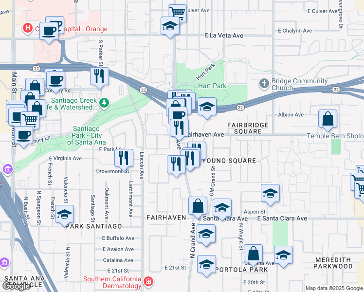 map of restaurants, bars, coffee shops, grocery stores, and more near 35 North Grand Avenue in Santa Ana