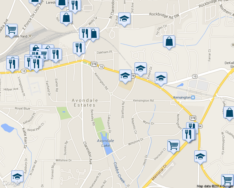 map of restaurants, bars, coffee shops, grocery stores, and more near 26 Kensington Road in Avondale Estates
