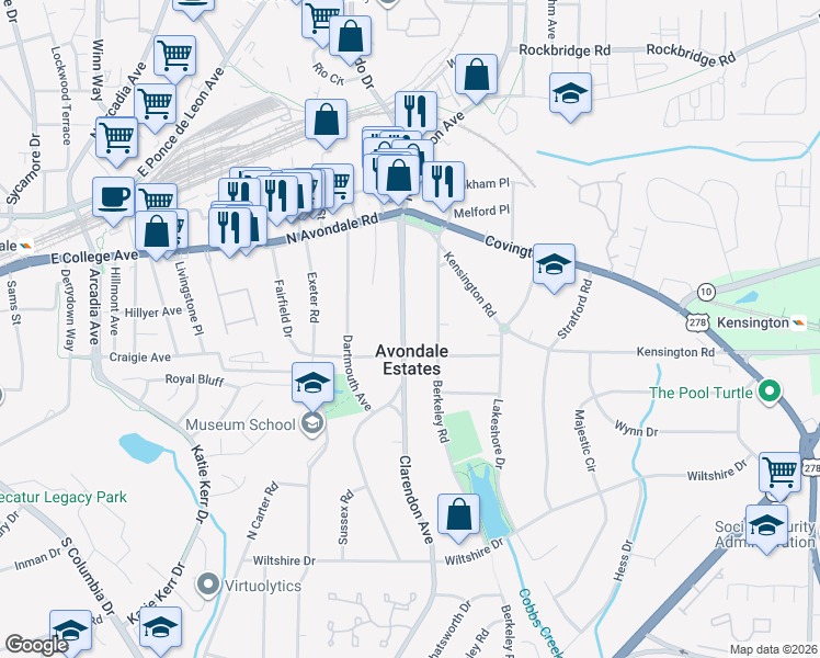 map of restaurants, bars, coffee shops, grocery stores, and more near 32 Clarendon Avenue in Avondale Estates