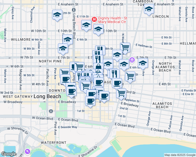 map of restaurants, bars, coffee shops, grocery stores, and more near 433 Atlantic Avenue in Long Beach