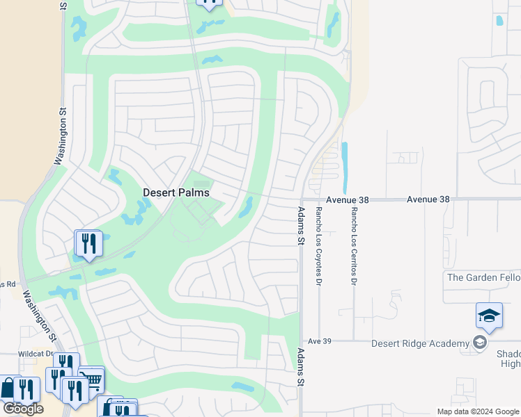 map of restaurants, bars, coffee shops, grocery stores, and more near 38101 Brandywine Avenue in Palm Desert