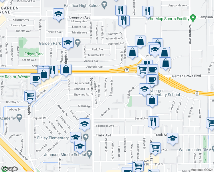 map of restaurants, bars, coffee shops, grocery stores, and more near 13102 Palomar Street in Westminster