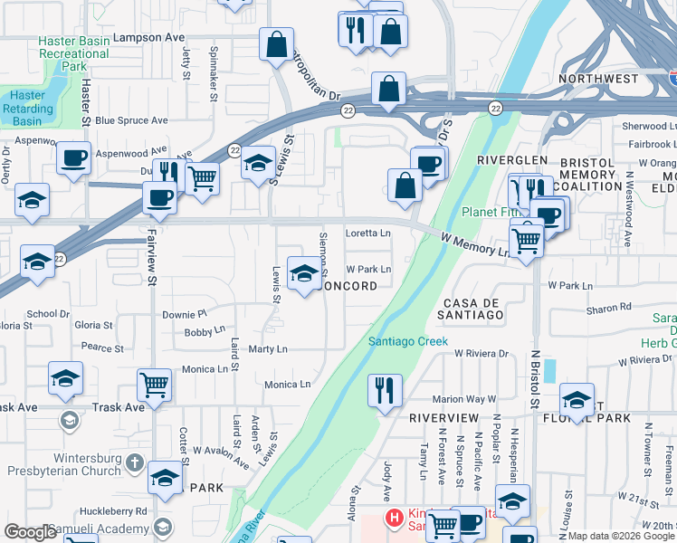 map of restaurants, bars, coffee shops, grocery stores, and more near 2616 Townley Street in Santa Ana