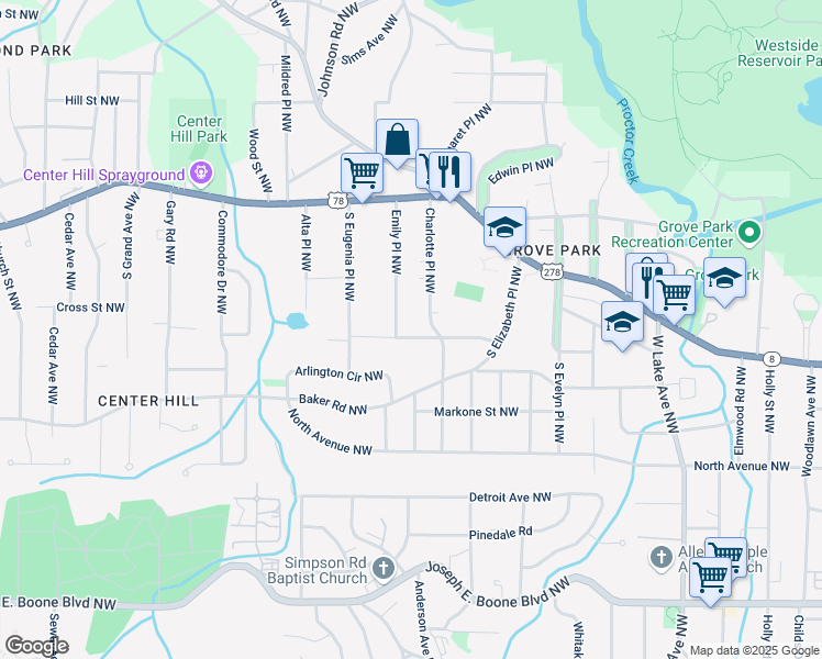 map of restaurants, bars, coffee shops, grocery stores, and more near 1947 Maywood Place Northwest in Atlanta
