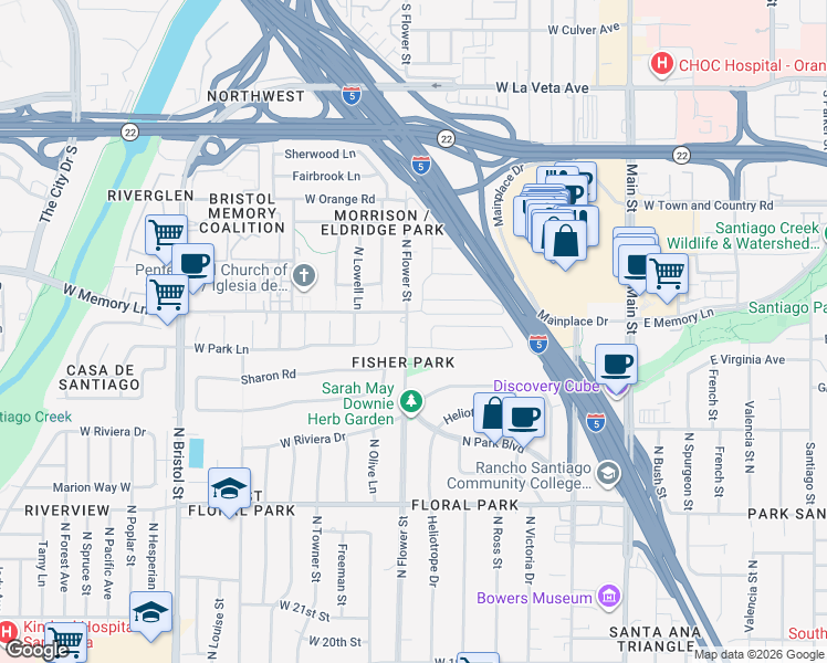 map of restaurants, bars, coffee shops, grocery stores, and more near 2609 North Flower Street in Santa Ana