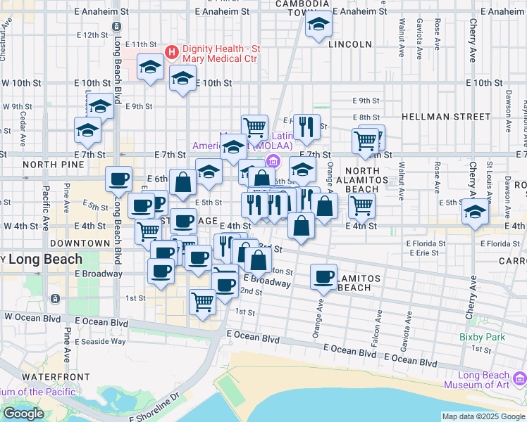 map of restaurants, bars, coffee shops, grocery stores, and more near 438 Zona Court in Long Beach