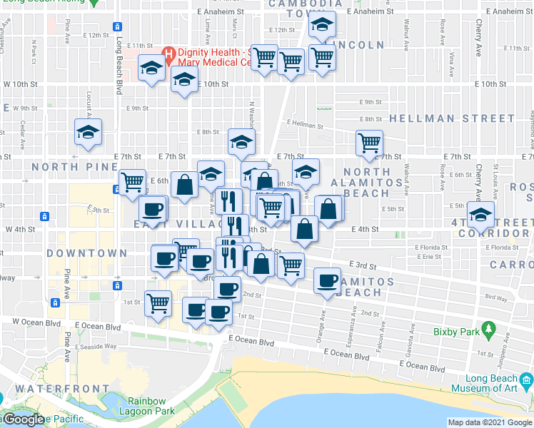 map of restaurants, bars, coffee shops, grocery stores, and more near 438 N Zona Ct in Long Beach