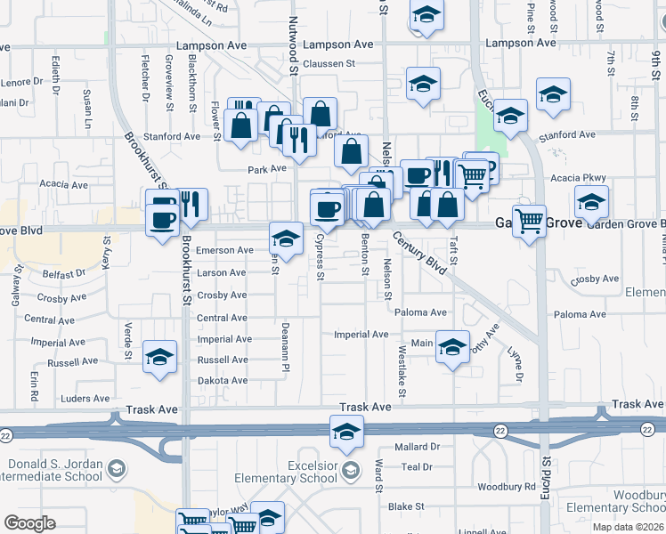 map of restaurants, bars, coffee shops, grocery stores, and more near 13116 Cypress Street in Garden Grove