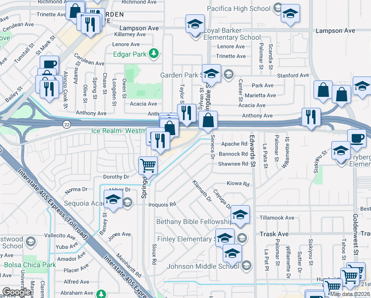 map of restaurants, bars, coffee shops, grocery stores, and more near 13040 Springarden Lane in Westminster