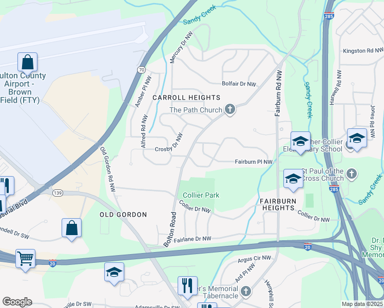 map of restaurants, bars, coffee shops, grocery stores, and more near 675 Bolton Road Northwest in Atlanta