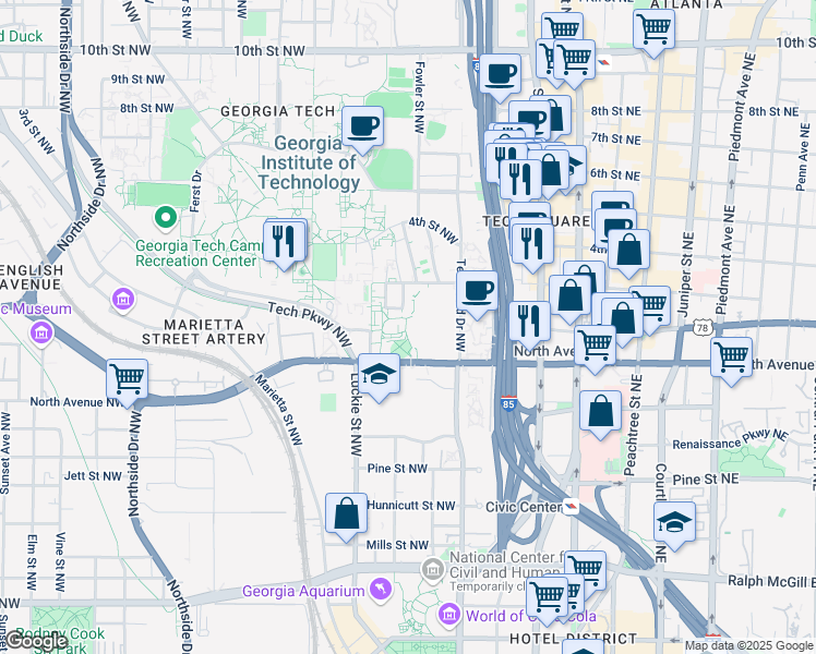 map of restaurants, bars, coffee shops, grocery stores, and more near 224 Uncle Heinie Way Northwest in Atlanta