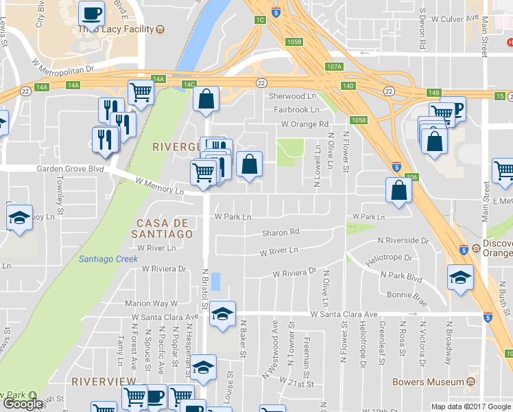 map of restaurants, bars, coffee shops, grocery stores, and more near 2611 North Baker Street in Santa Ana