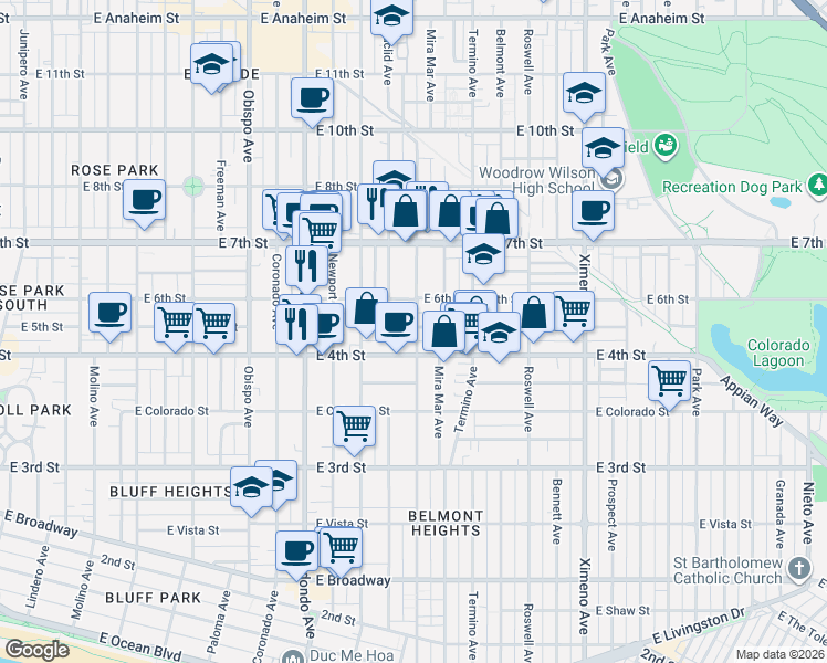 map of restaurants, bars, coffee shops, grocery stores, and more near 3740 East 5th Street in Long Beach