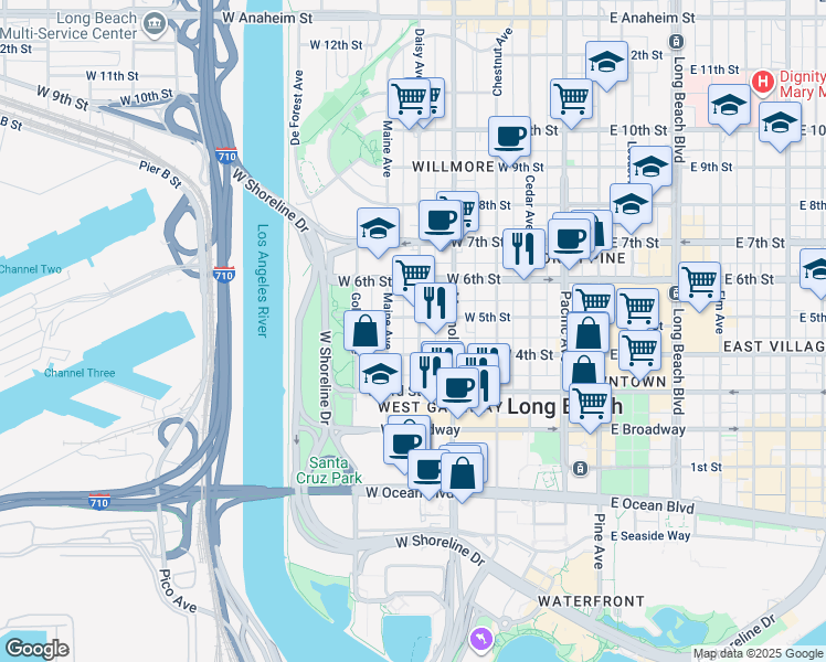 map of restaurants, bars, coffee shops, grocery stores, and more near 435 Daisy Avenue in Long Beach