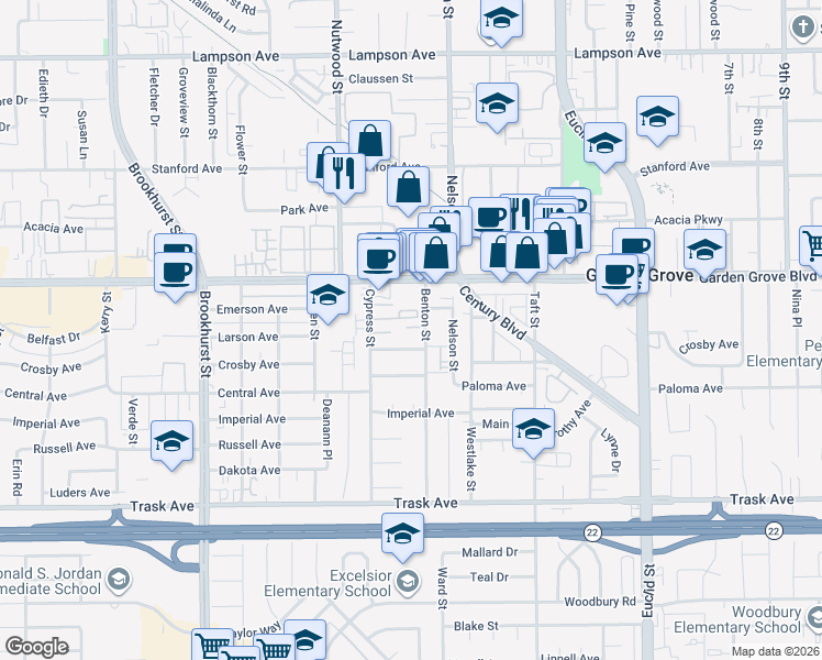 map of restaurants, bars, coffee shops, grocery stores, and more near 13101 Benton Street in Garden Grove