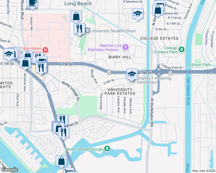 map of restaurants, bars, coffee shops, grocery stores, and more near 6223 East Monita Street in Long Beach