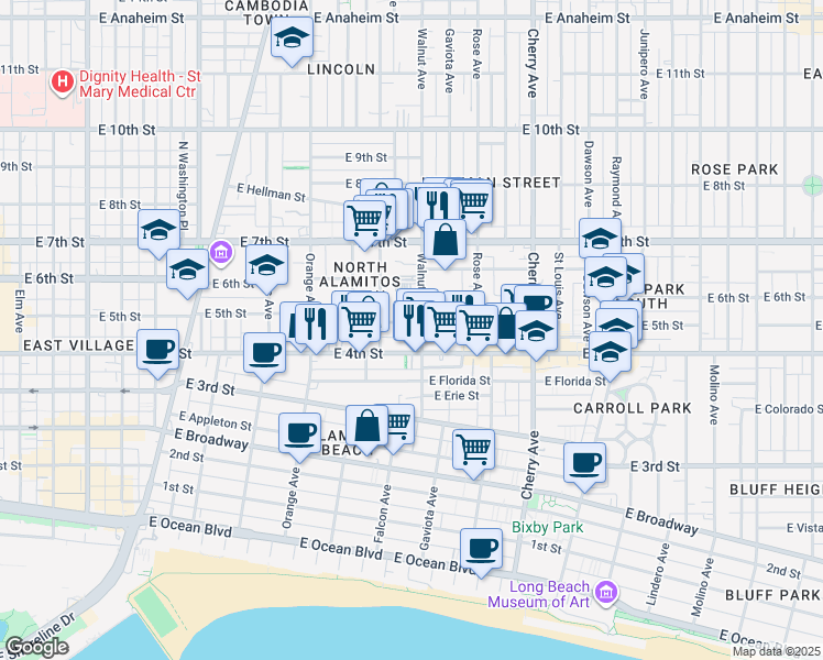 map of restaurants, bars, coffee shops, grocery stores, and more near 437 Walnut Avenue in Long Beach