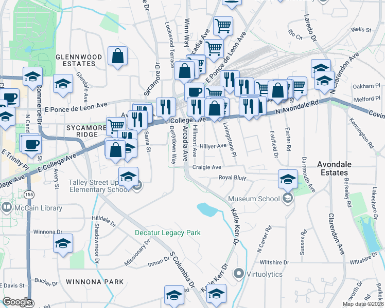 map of restaurants, bars, coffee shops, grocery stores, and more near 767 Hillmont Ave in Decatur