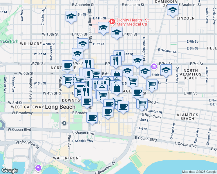 map of restaurants, bars, coffee shops, grocery stores, and more near 433 Linden Avenue in Long Beach