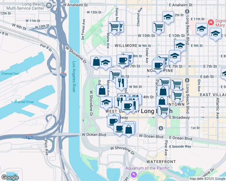 map of restaurants, bars, coffee shops, grocery stores, and more near 437 North Nylic Court in Long Beach