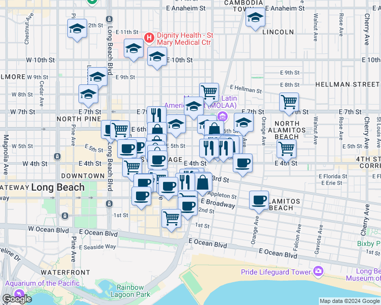 map of restaurants, bars, coffee shops, grocery stores, and more near 431 North Olive Avenue in Long Beach