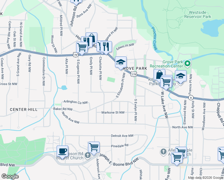map of restaurants, bars, coffee shops, grocery stores, and more near 630 South Elizabeth Place Northwest in Atlanta