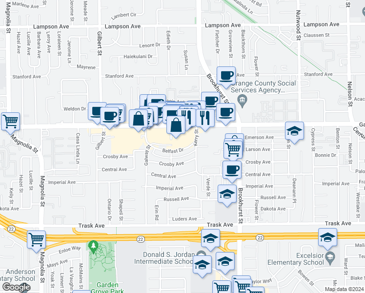 map of restaurants, bars, coffee shops, grocery stores, and more near 9873 Belfast Drive in Garden Grove