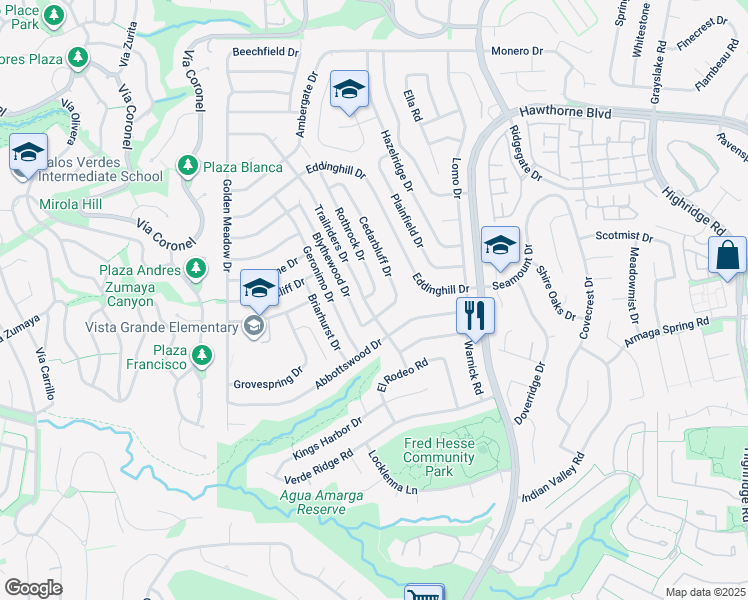 map of restaurants, bars, coffee shops, grocery stores, and more near 28822 Rothrock Drive in Rancho Palos Verdes