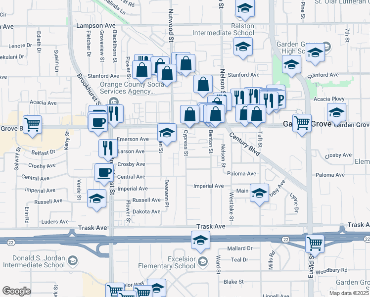 map of restaurants, bars, coffee shops, grocery stores, and more near 13117 Cypress Street in Garden Grove