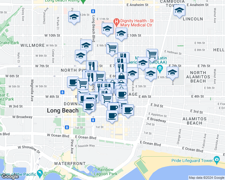 map of restaurants, bars, coffee shops, grocery stores, and more near 437 Linden Avenue in Long Beach